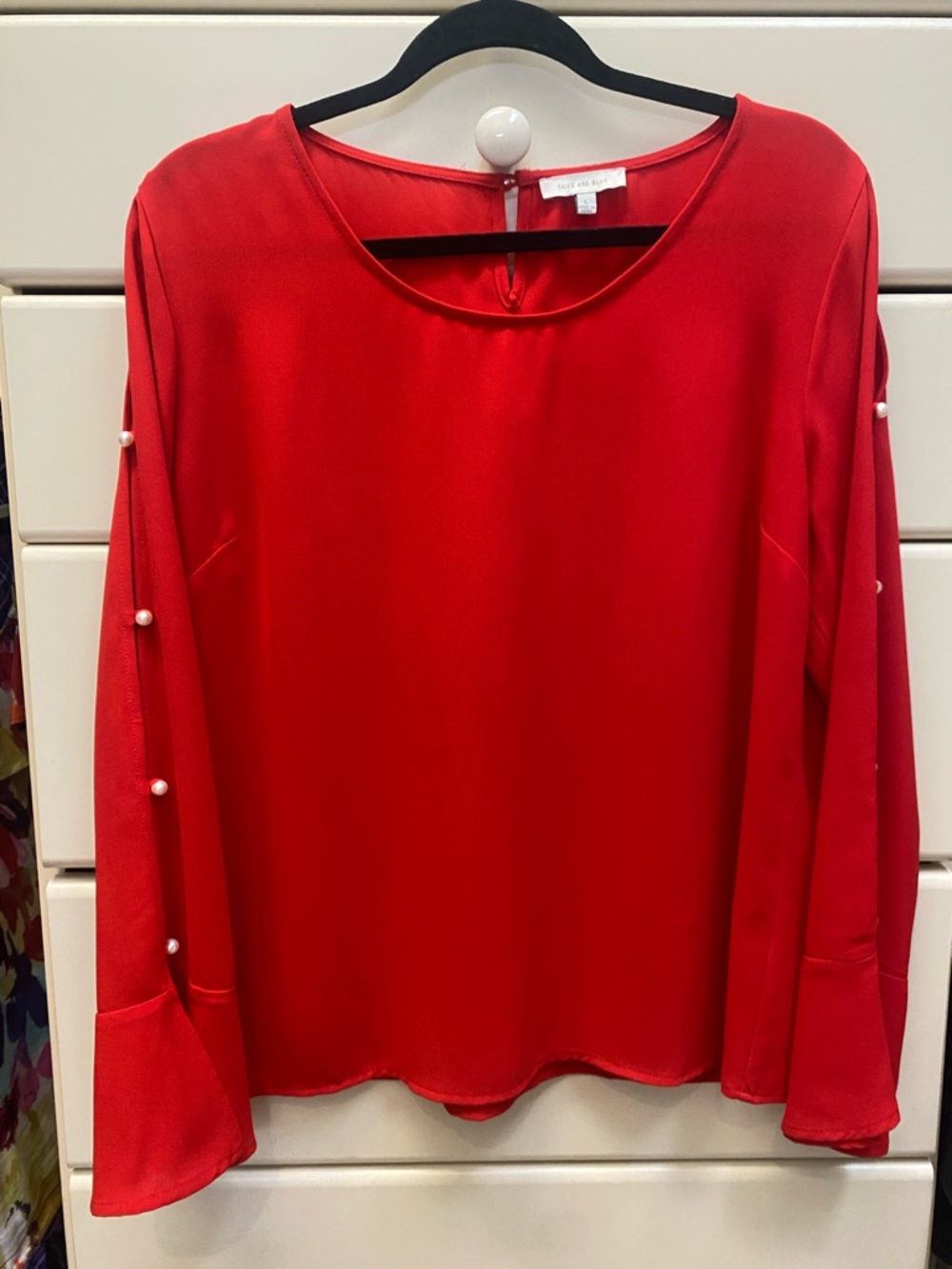 Skies Are Blue Red Blouse with Pearl-Accent Sleeves